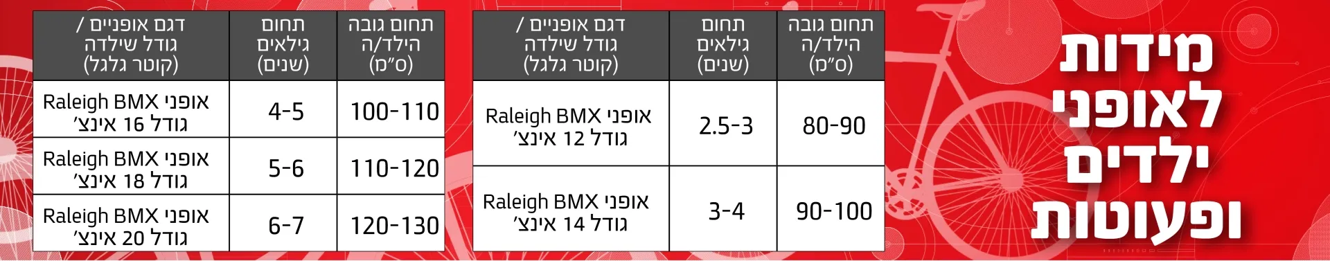 מידות אופני BMX 12